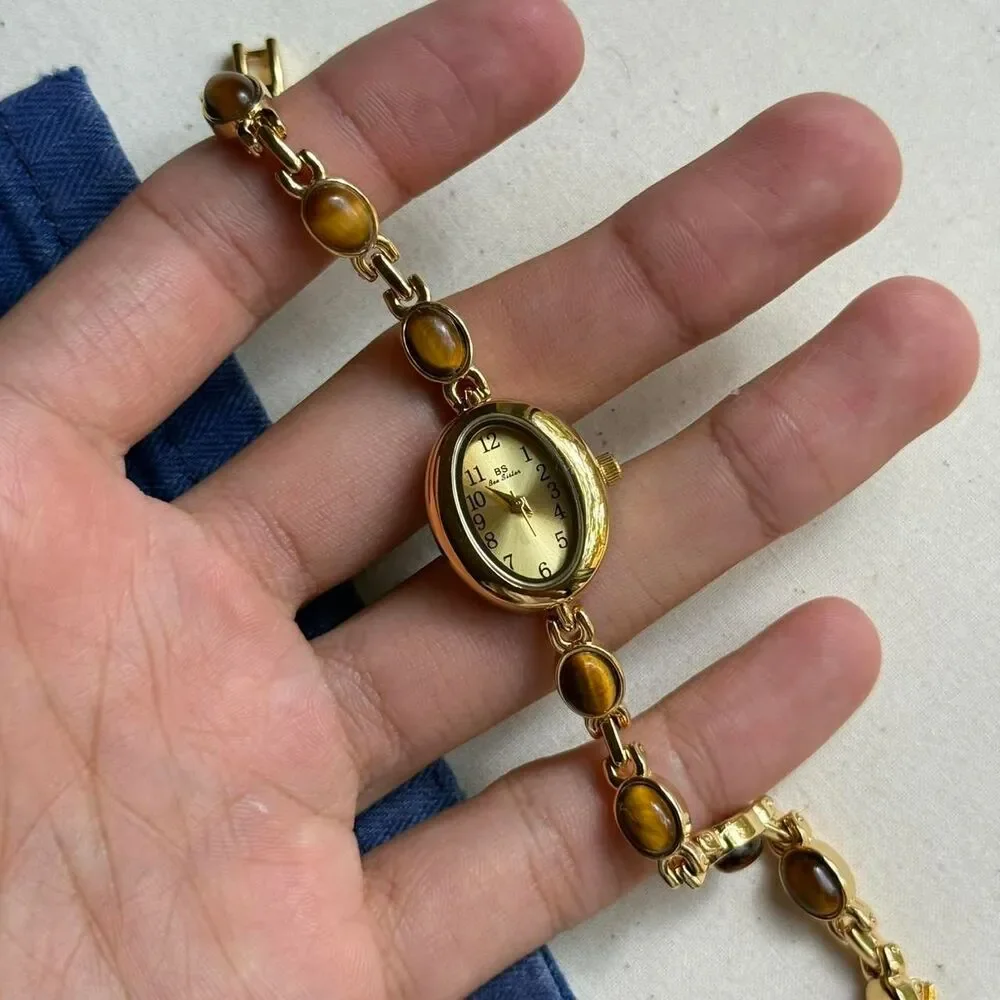 y2k cute gold round stainless steel quartz brown stone charm watch